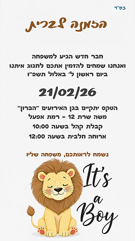 הזמנה לברית מילה עם אריה